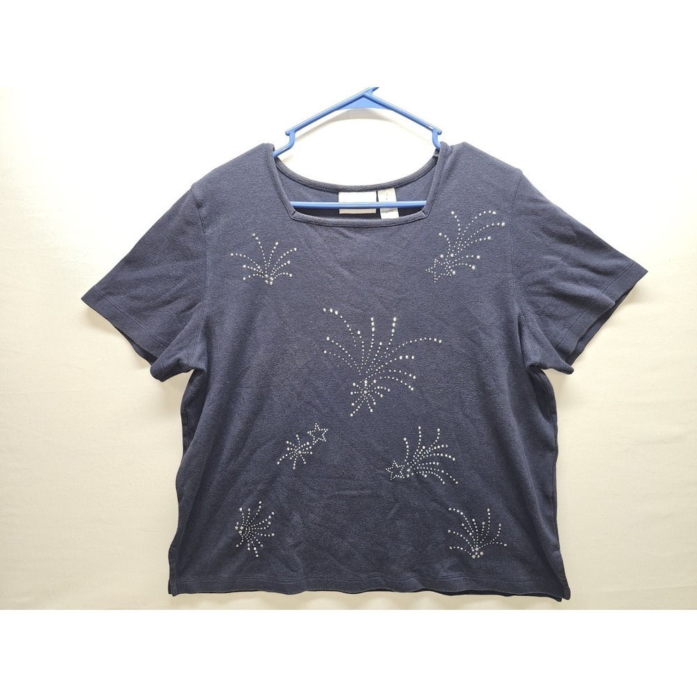 Vtg Y2K Alfred Dunner Sz L Navy Blue Rhinestone Firework Starburst Grandmacore